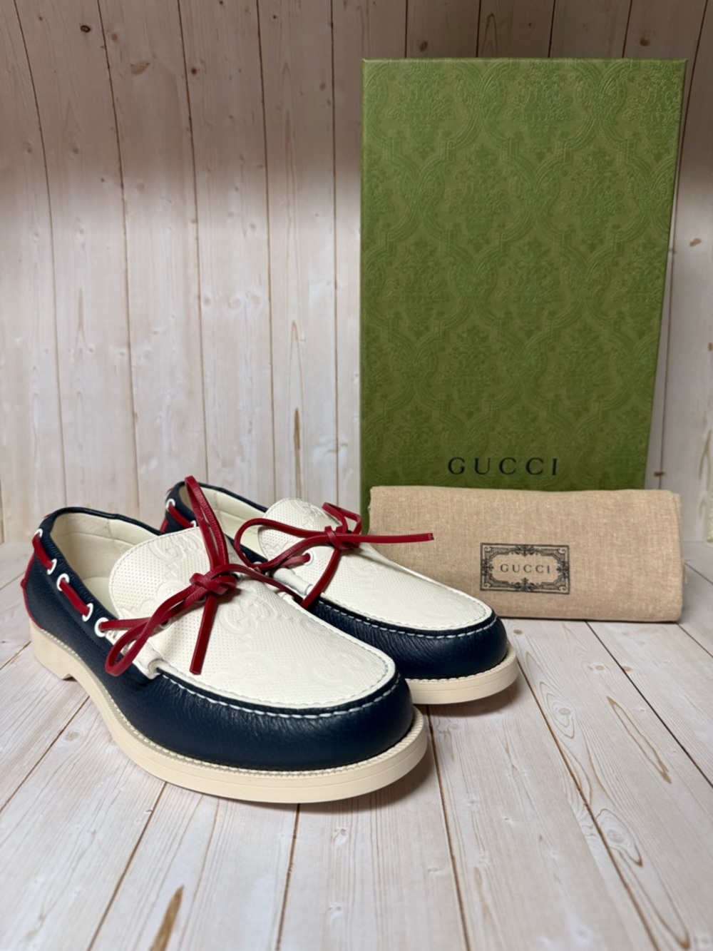 Gucci Riverside Leather Moccasin Boat Shoes Blue/Off-White-Red Sz 8G / 8.5US
